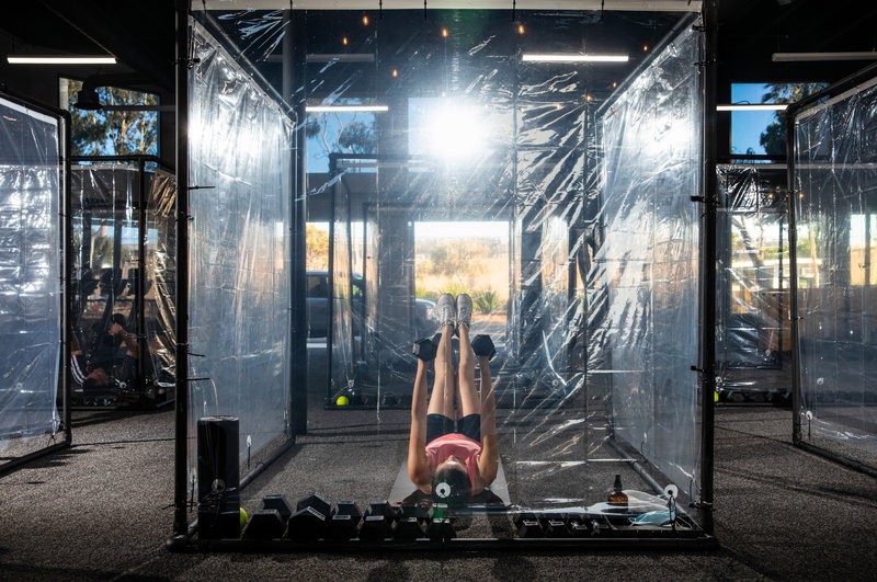 A gym in Redondo Beach, CA created workout pods with shower curtains and PVC pipes to keep clients distant and safe